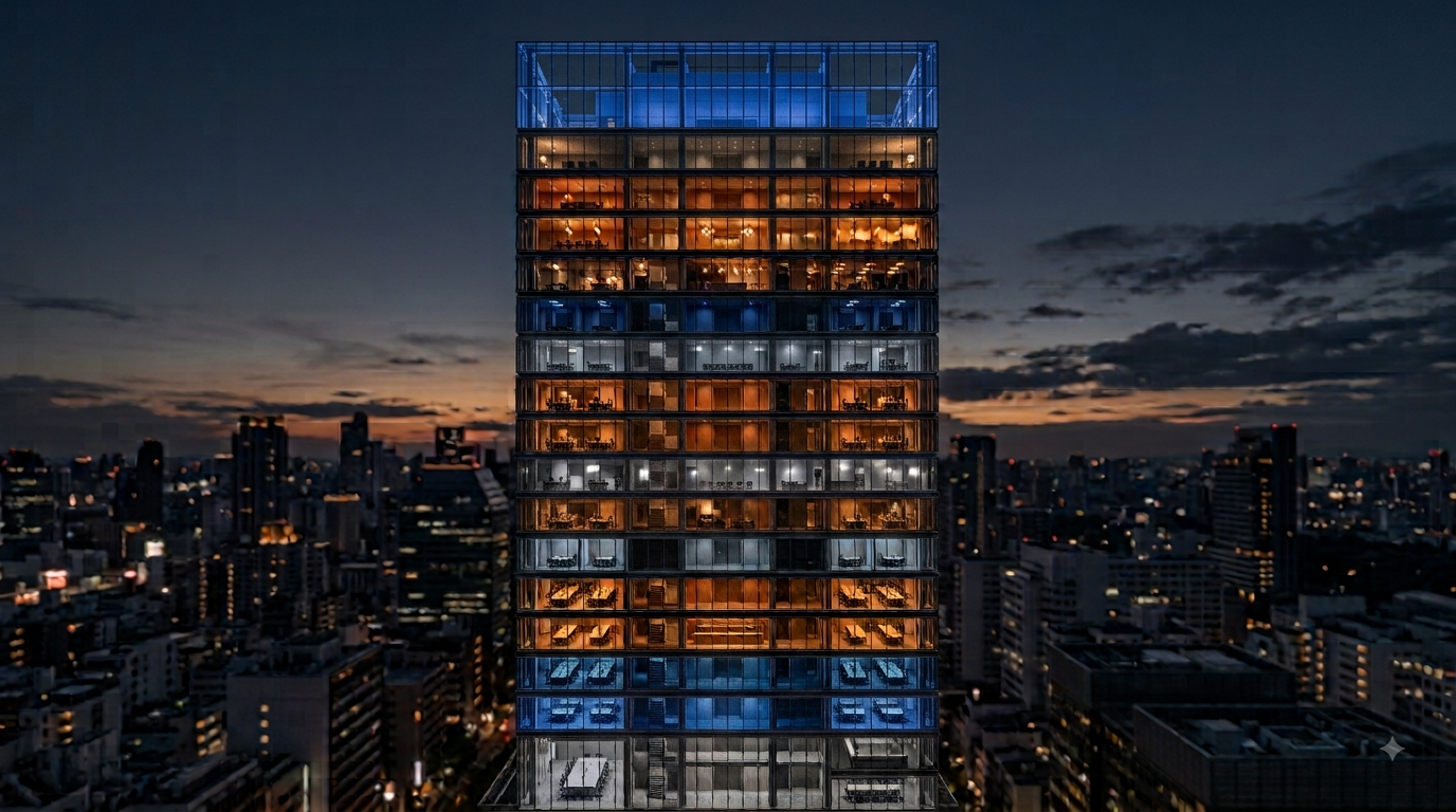 A high-rise office tower at night with different floors lit in contrasting warm and cool tones