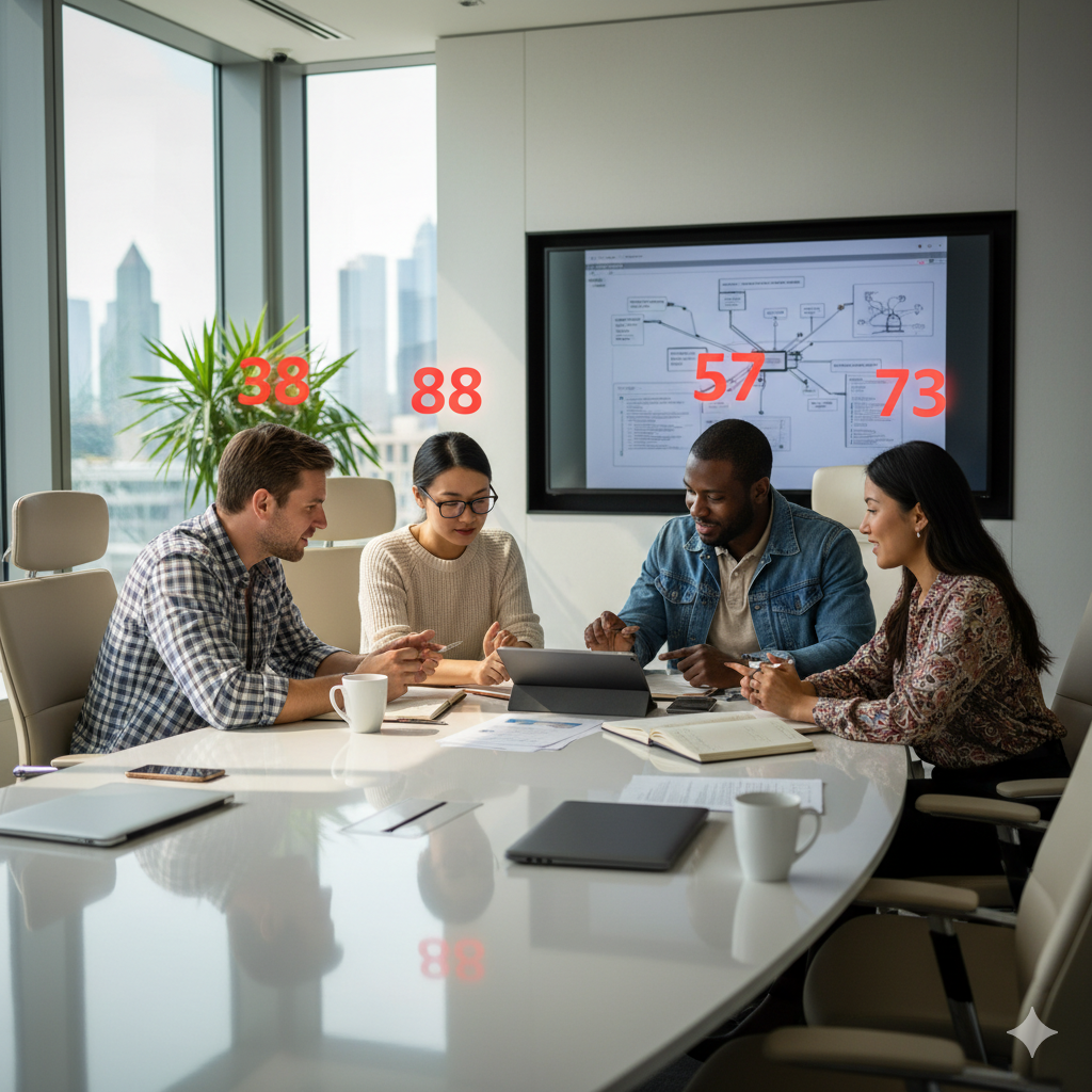 Four coworkers gathered around a conference table reviewing a diagram together