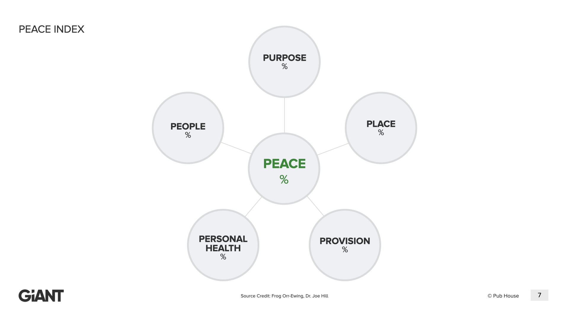The Peace Index — Purpose, Place, People, Personal Health, and Provision surrounding a central Peace score