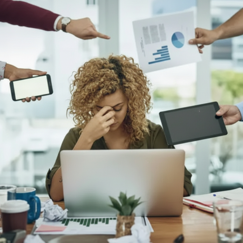A stressed woman at her laptop being pulled at from every direction by coworkers' hands, phones, and paperwork