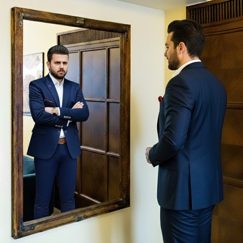 A man in a navy suit looking at his own reflection in a large mirror