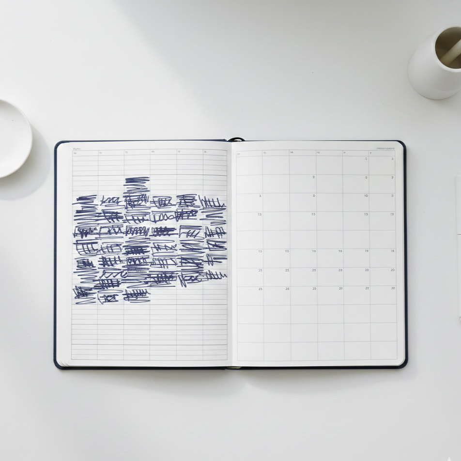 An open planner with one page densely filled with tally marks and scribbles next to a blank monthly calendar grid