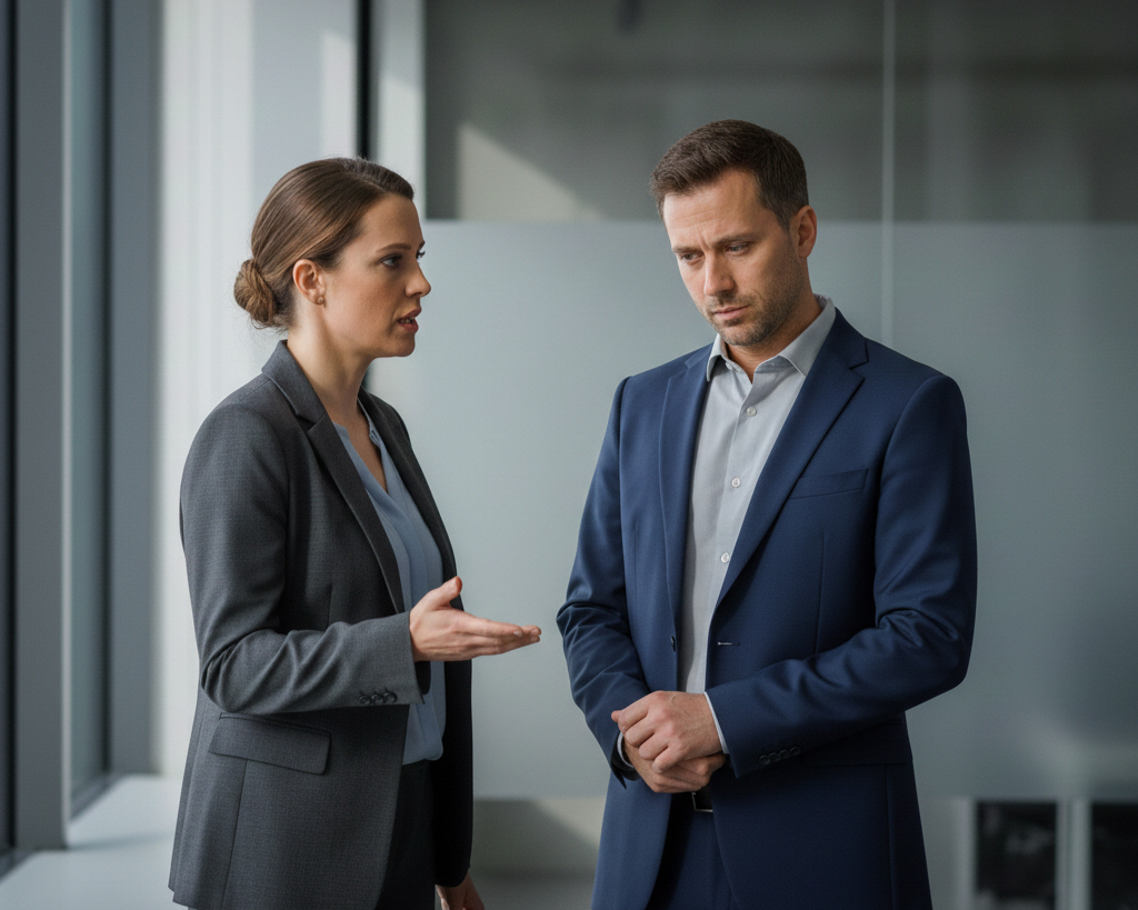 Two colleagues having a serious, direct conversation in an office hallway