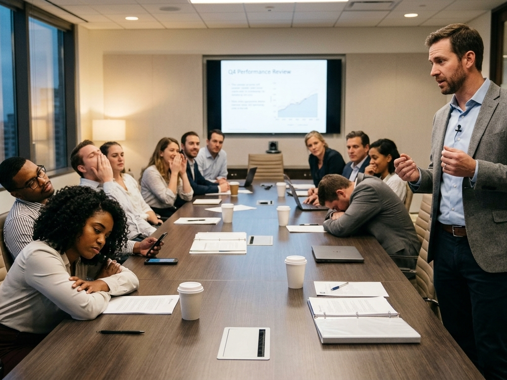 A leader presenting to a visibly disengaged team, several people yawning or distracted during a meeting