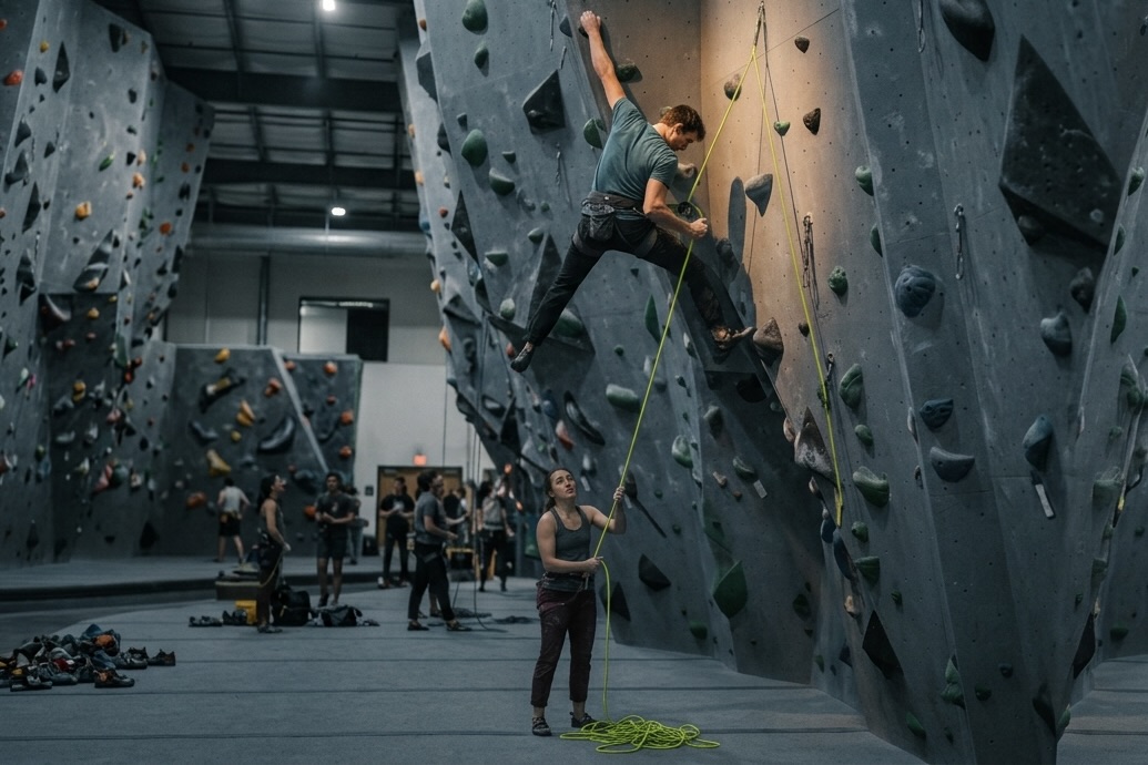 A rock climber reaching for a hold high on an indoor climbing wall while a partner belays from below