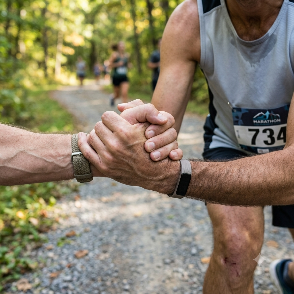 Two runners clasping hands in a show of support during a race